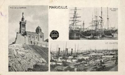 1 vue Carte de la collection du chocolat Meunier représentant trois vues de Marseille.