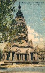 1 vue Marseille. Exposition coloniale 1922. Palais de l'Indo-Chine. Carte envoyée en 1922 avec texte au dos.