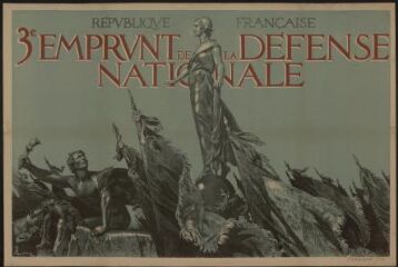 1 vue 3 ème emprunt de la défense nationale. Affiche éditée par l'Etat. Dessin de René Lelong.