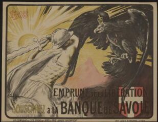 1 vue Emprunt de la libération.. Affiche éditée par la banque de Savoie. Dessin de André Jacques ; Sézanne, imprimeur (Lyon). 80 x 114.