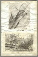 1 vue Etude d'après nature [main] et étude [paysage] (folio 5) . Crayon