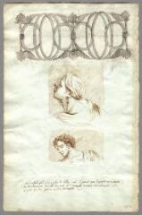 1 vue Têtes et motifs géométriques (folio 8, verso). Encre et gouache