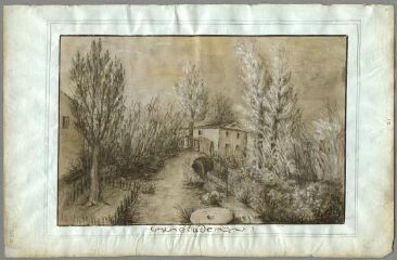 1 vue Etude : rivière, maison, femme au lavoir et pierre de moulin (folio 12). Crayon, fond ocre