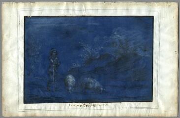 1 vue Etude, berger et deux moutons (folio 14). Crayon, fond bleu