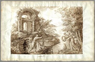 1 vue Esquisse, rivage, personnages, ruines antiques (folio 14, verso). Dessin à l'encre