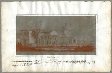 1 vue Environs de Marseille, bâtiment et texte (folio 23) . Crayon, fond gris foncé