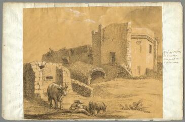 1 vue Tiré des ruines à l'ancien couvent de l'Observance (folio 26, verso). Crayon, fond ocre