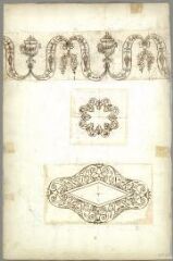1 vue Frise et trois motifs décoratifs (folio 28, verso). Dessin à l'encre
