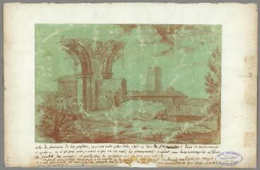 1 vue Restes du séminaire du Bon Pasteur, [tour Saint-Cannat dans le fond] (folio 32). Sanguine, fond vert