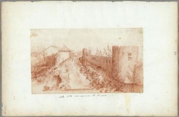 1 vue Etude faite aux environs de Marseille, jardin, maisons, remparts (folio 39) . Sanguine