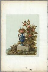 1 vue Vase-urne, roses et plantes, dessin aquarellé non légendé. Gouache