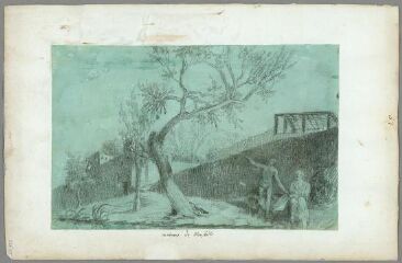 1 vue Environs de Marseille, arbres, personnages (folio 57). Crayon, fond vert