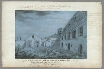 1 vue Porte Galle ou porte de la Joliette à Marseille (folio 132). Crayon, fond bleu