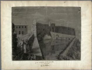 1 vue Porte et fossés de la Joliette ou Porte Galle vue de dehors (double page) (folios 55, verso -56). Crayon, fond gris