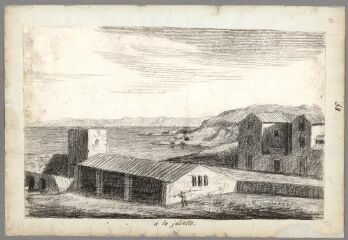 1 vue A la Joliette, vue du rivage et bâtiments, un pécheur (folio 58). Crayon