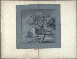 1 vue Etude, maison et arbres (folio 183, verso-184). Crayon, fond bleu