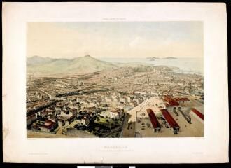 1 vue Voyage aérien en France, Marseille : vue prise au-dessus de la gare du chemin de fer (Guesdon, [1850-1899]) : lithographie (40x55).